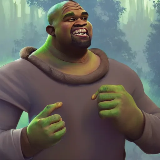 Image similar to shrek as kanye west, brown skin, highly detailed, digital painting, artstation, concept art, smooth, sharp focus, illustration, art by artgerm and greg rutkowski and alphonse mucha