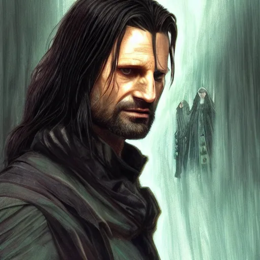 Image similar to [Aragorn in the movie Matrix as GTA character, closeup, D&D, intricate, elegant, highly detailed, digital painting, artstation, concept art, matte, sharp focus, illustration, art by Artgerm and Greg Rutkowski and Alphonse Mucha and Enki Bilal]