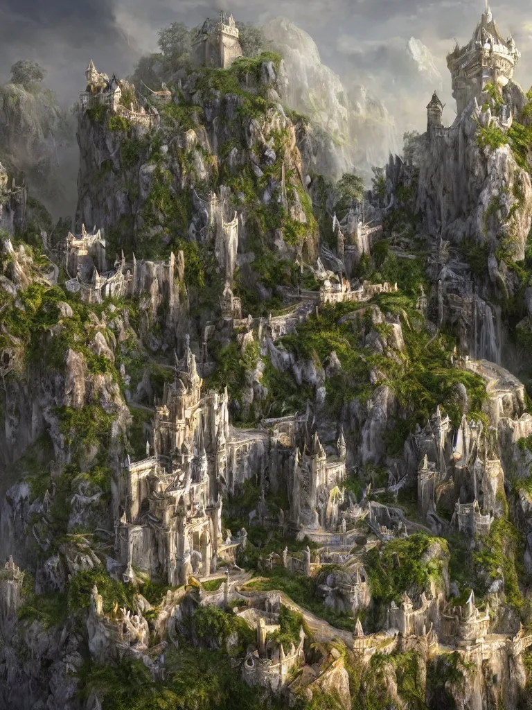 Image similar to a beautiful fantasy landscape of a large majestic castle adorned with gold linings and white marble walls from DND with lots of towers bridges and levels on top of a lush cliff with a huge waterfalls in the middle, ruins of structures at the bottom, afternoon light streaking with god rays, Dungeons and Dragons Castle, ornate, detailed, octane render, 8k, trending on artstation deviantart google images, pinterest, canon 35mm lens