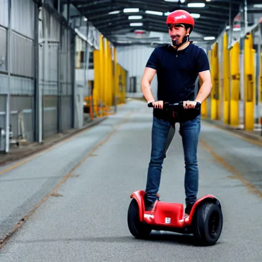 Image similar to human segway driving through an industrial environment delivering packages