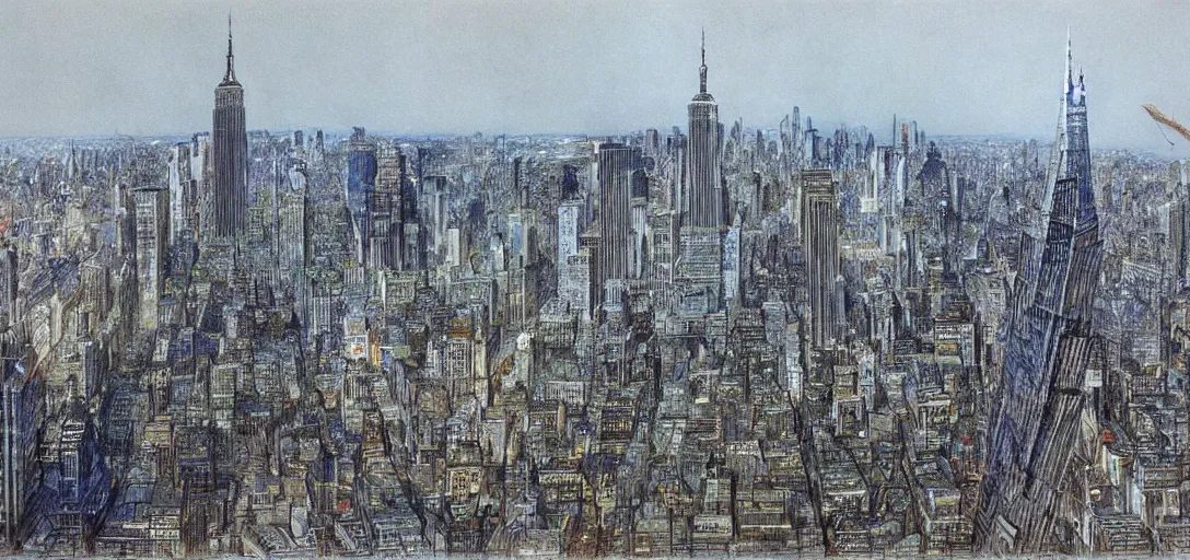 Image similar to Landscape of New York City in the year 2050 by Alan Lee