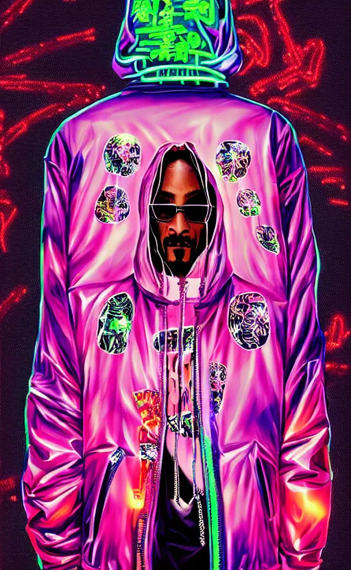 Image similar to detailed Snoop Dogg portrait Neon Operator, cyberpunk futuristic neon, reflective puffy coat, decorated with traditional Japanese ornaments by Ismail inceoglu dragan bibin hans thoma !dream detailed portrait Neon Operator Girl, cyberpunk futuristic neon, reflective puffy coat, decorated with traditional Japanese ornaments by Ismail inceoglu dragan bibin hans thoma greg rutkowski Alexandros Pyromallis Nekro Rene Maritte Illustrated, Perfect face, fine details, realistic shaded, fine-face, pretty face