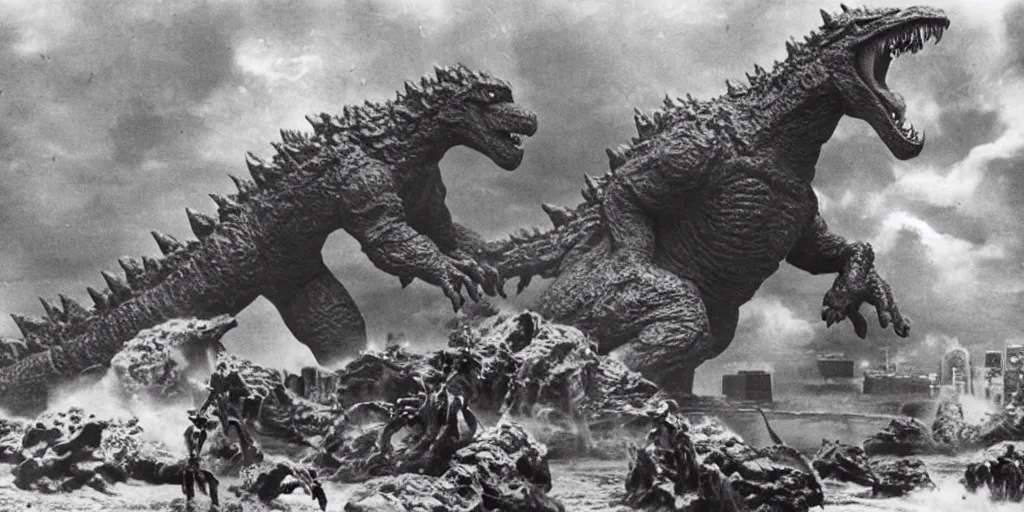 Image similar to a photo of godzilla tron fighting claymation rodan