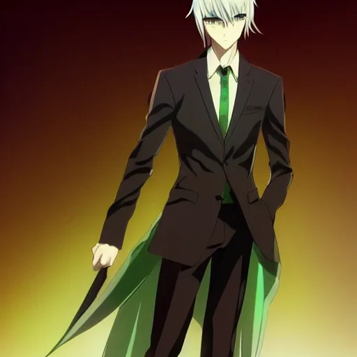 Image similar to full body portrait character concept art, anime key visual of decadent green long straight hair young anime male in black suit, green long straight hair and brown eyes, finely detailed perfect face studio lighting delicate features directed gaze, gapmoe kuudere grimdark, trending on pixiv fanbox, painted by greg rutkowski makoto shinkai takashi takeuchi studio ghibli