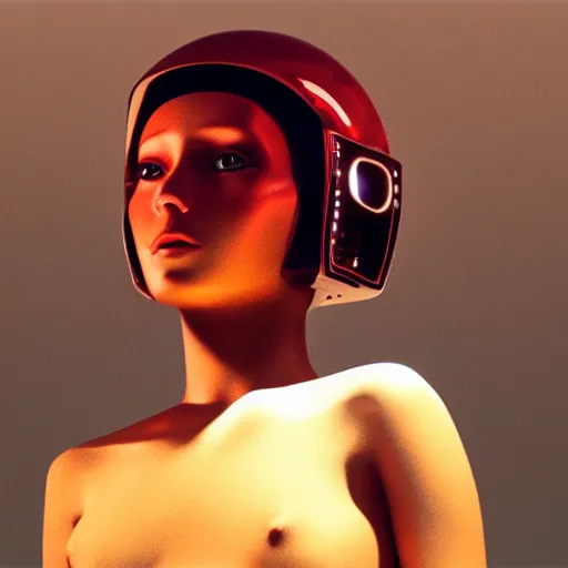 Image similar to beautiful Fine art photo of a young enraptured godess wearing an electronic cyberpunk mayan helmet, photorealistic, high quality, sunset lighting, in the movie 2001 A Space Odyssey, 8k