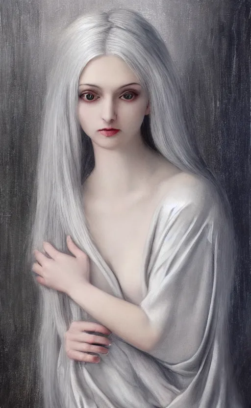 Prompt: who is this angel with silver hair so pale and wan! and thin!?, lone petite feminine goddess, wearing robes of silver hair, flowing, pale fair skin!!, young cute face, covered!! hair, clothed!! lucien levy - dhurmer, jean deville, oil on canvas, 4 k resolution, aesthetic!, mystery