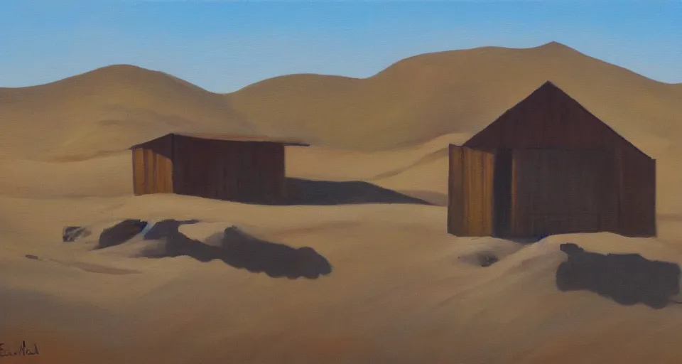 Prompt: a wooden shed in the desert, beautiful painting, oil on canvas, by ewa czarniecka, award winning masterpiece,