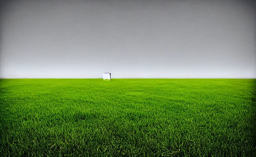 Prompt: color image. white concrete block. empty grassy plain, contrast. surreal, photograph, perspective