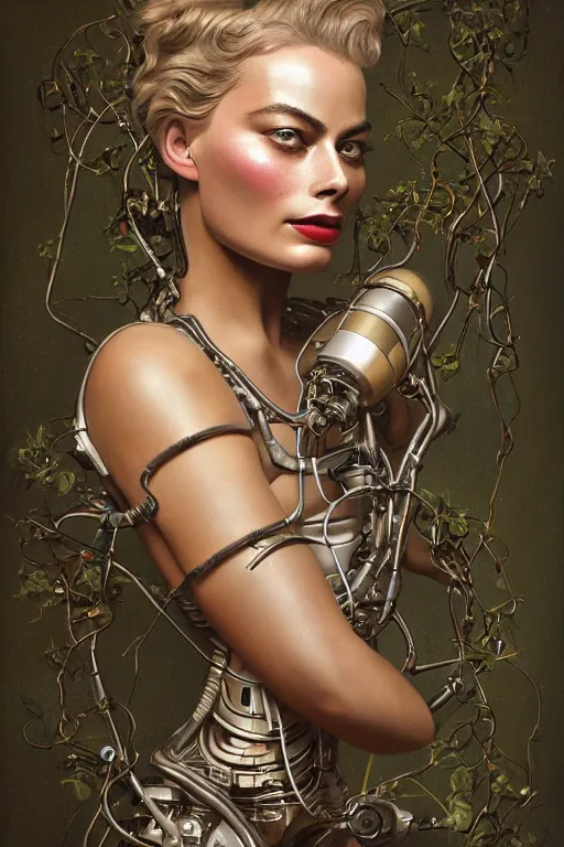 Prompt: a beautiful ultradetailed vintage photo of margot robbie as a cybernetic cyborg, by tom bagshaw and natalie shau, portrait, vignette, 3 5 mm lens, golden ratio composition, detailed faces, studio photography, very detailed, robot overgrown with flowery vines, artstation, 8 k, highly coherent