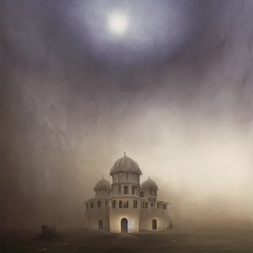 Image similar to a big mosque in a Village, horror, fog, foster, highly detailed, one house, fear, dark inside, dark mammatus cloud,hyper realistic, atmospheric lighting, beksinski