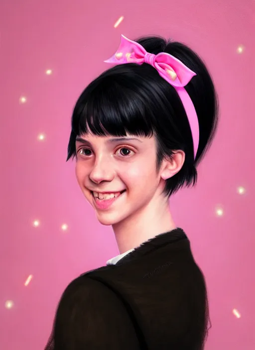 Image similar to portrait of teenage girl, realistic, black hair, bangs, half updo hairstyle, pointy nose, skinny, smile, ugly, defined jawline, big chin, pink hair bow, earrings, intricate, elegant, glowing lights, highly detailed, digital painting, artstation, sharp focus, illustration, art by wlop, mars ravelo and greg rutkowski