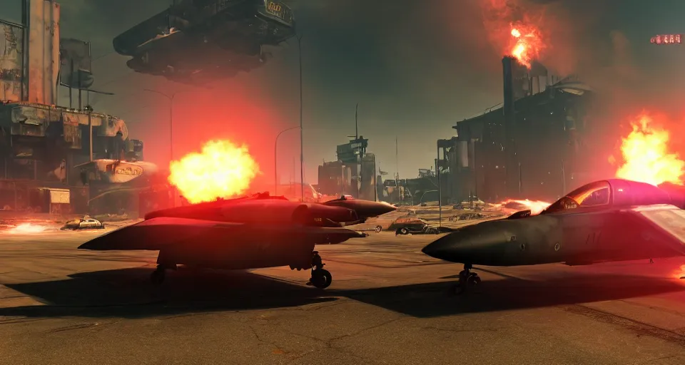 Image similar to macro closeup photo of combat tesla hover harrier jump jet tank being chased in a post apocalyptic fallout 4 city, 3 pm, smoke, dust, embers, mad max, action, speed, rocket league, volumetric lighting, hdr, need for speed, gta 5, ridley scott, syd mead, craig mullins, cinematic, blade runner, octane