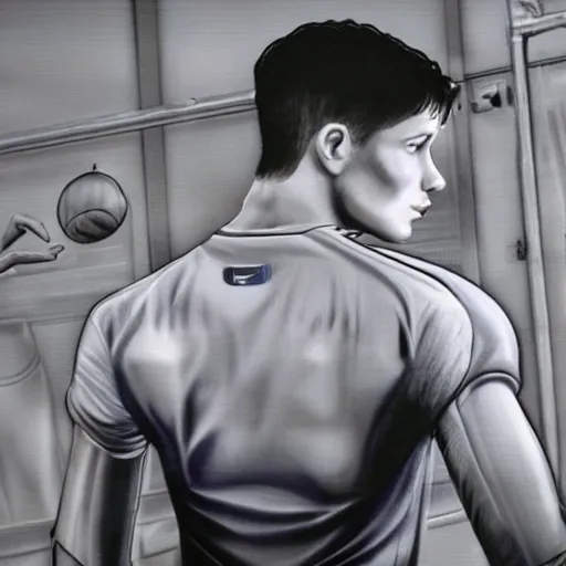 Image similar to a realistic detailed photo of a guy who is an attractive humanoid who is half robot and half humanoid, who is a male android, attractive and handsome baseball players, shiny skin, posing like a statue, blank stare, in a factory, on display, showing off his muscles, wearing baseball uniforms, side view, looking at each other mindlessly