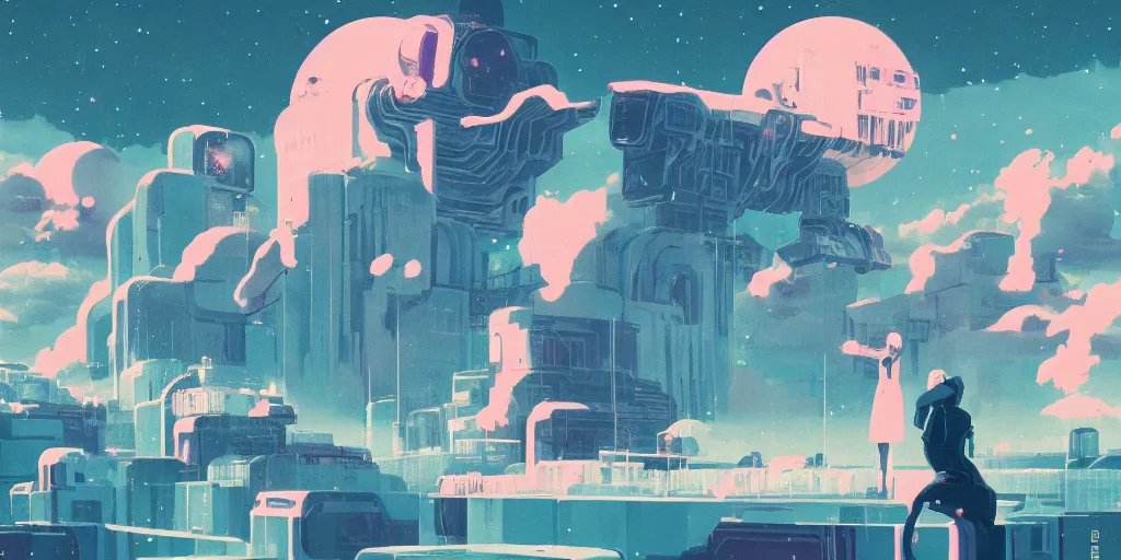 Image similar to sci - fi, risograph illustration, gigantic cat speaking to floating women in the air, cubes of ice around, a lot of tears, people crying, ominous, style by alberto mielgo, epic anime composition, super - detailed, full - shot, 8 k