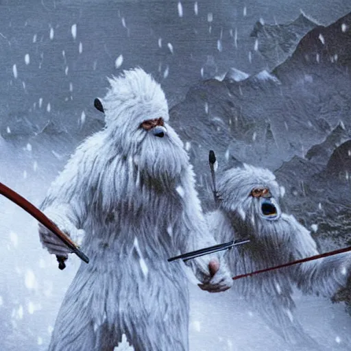 Prompt: a high detailed realistic photo of a yeti archers hunting mountain goats in a blizzard