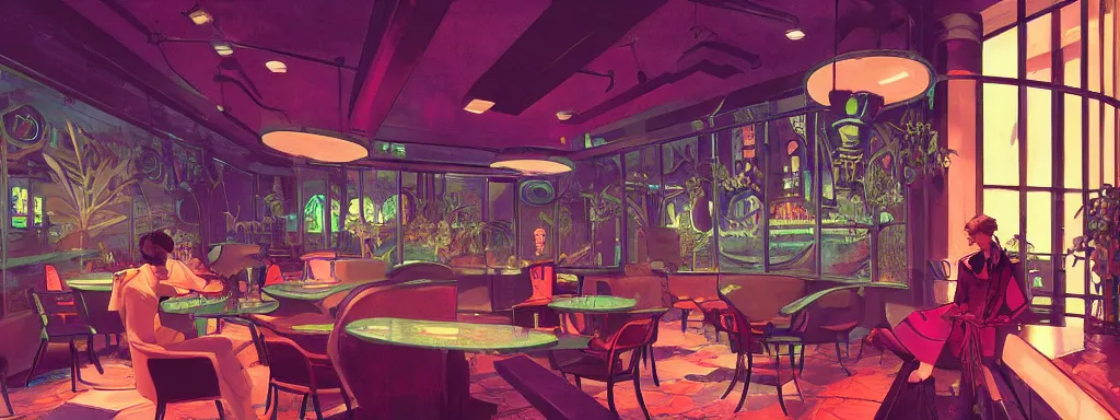 Image similar to concept art, crowded retro - futurist speakeasy, reflections, dark moody lighting, designer furniture, high ceiling, 6 0 s colour palette, beautiful plants, colourful flowers, syd mead, akihiko yoshida, cinematic