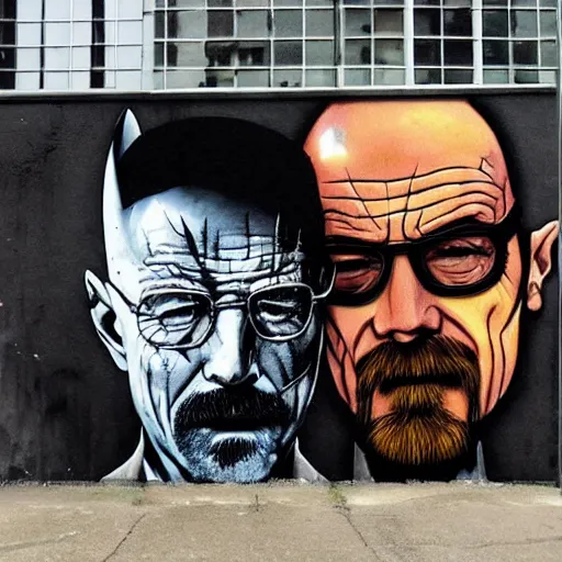 Image similar to Walter White as Batman, Heisenberg as the Dark Knight, Urban Graffiti Banksy, Bordalo, trending on artstation