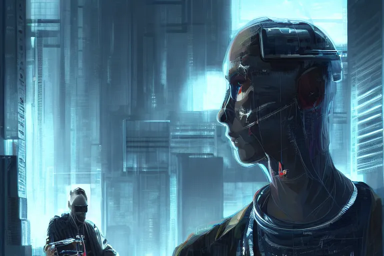 Image similar to Cyberpunk vampire Jukka Sarasti consulting spaceship AI, low lighting, scary, horror, realistic digital painting