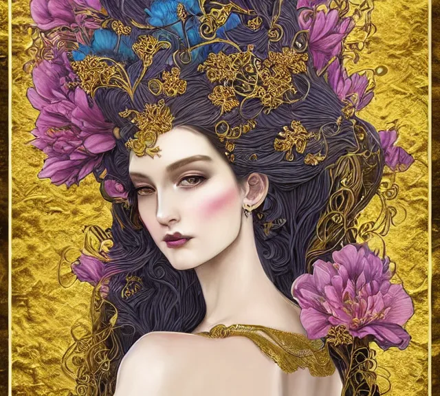 Prompt: Floralpunk elysian princess, gold leaf, ivory, detailed intricate ink illustration, mystical atmosphere, detailed illustration, hd, 4k, digital art, overdetailed art, concept art, complementing colors, vivid and vibrant colors, trending on artstation, art nouveau Iconography background, Cgstudio, the most beautiful image ever created, dramatic, illustration painting by alphonse mucha by Ruan Jia, vibrant colors, 8K, style by Wes Anderson, award winning artwork, high quality printing, fine art, beautiful floral scenery, by Makoto Shinkai, syd meade, 8k ultra hd, artstationHD, 3d render, hyper detailed