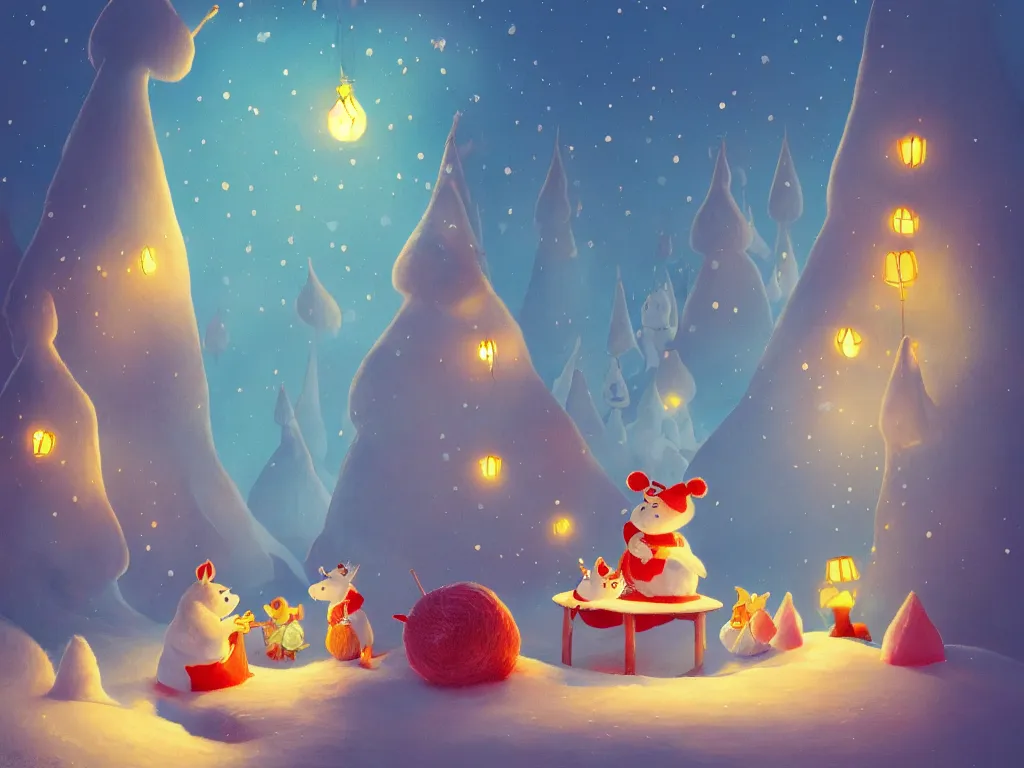 Prompt: moomins in a magic space wonderland, looking cute, illustration, warm colors, fluffy, cozy, hyperrealistic, low light, volumetric light, smooth, trending on artstation