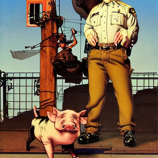 Image similar to hybrid of pig and nyc policeman, annoyed, ultra detailed, photo realistic, style of norman rockwell, smooth and clear, super sharp, style of richard corben.