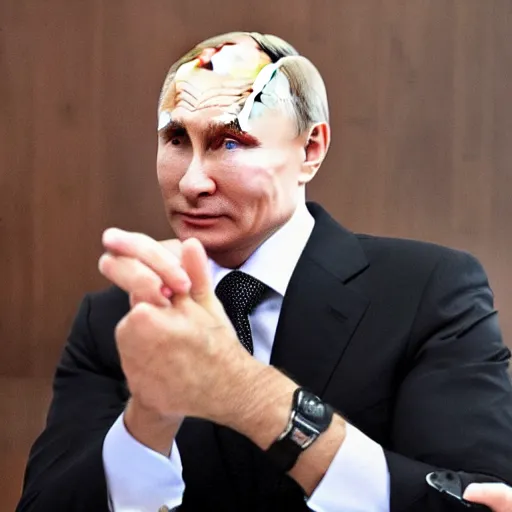 Prompt: putin wearing a long black leather hat, cinematic style, front view, cool looking