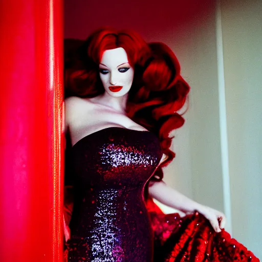 Prompt: film photography of captain christina hendricks as jessica rabbit, head and shoulders photography. red sequin ballgown dress. kodak ektar 4 0 0. canon f 1. 2. detailed, realistic