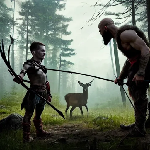 Image similar to kratos teaching atreus how to hunt deer with a bow in a forest, stunning 3 d render inspired art by greg rutkowski and xiang duan and thomas eakes, perfect facial symmetry, flesh texture, realistic, highly detailed attributes and atmosphere, dim volumetric cinematic lighting, 8 k octane detailed render, post - processing, masterpiece, rtx on, rendering on unreal engine