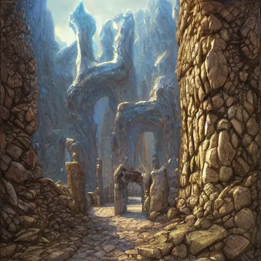 Image similar to The Great stone gates of runic magic, art by Donato Giancola and James Gurney, digital art, trending on artstation, epic composition, wide angle