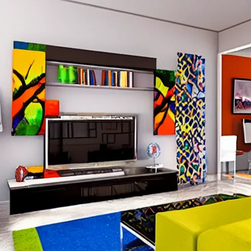 Prompt: photograph of very bright and colorful living room interior