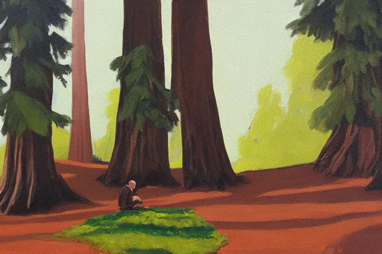 Prompt: a small figure of a man sitting under giant sequoia tress, tranquil, silent, solemn, oil painting, minimalist