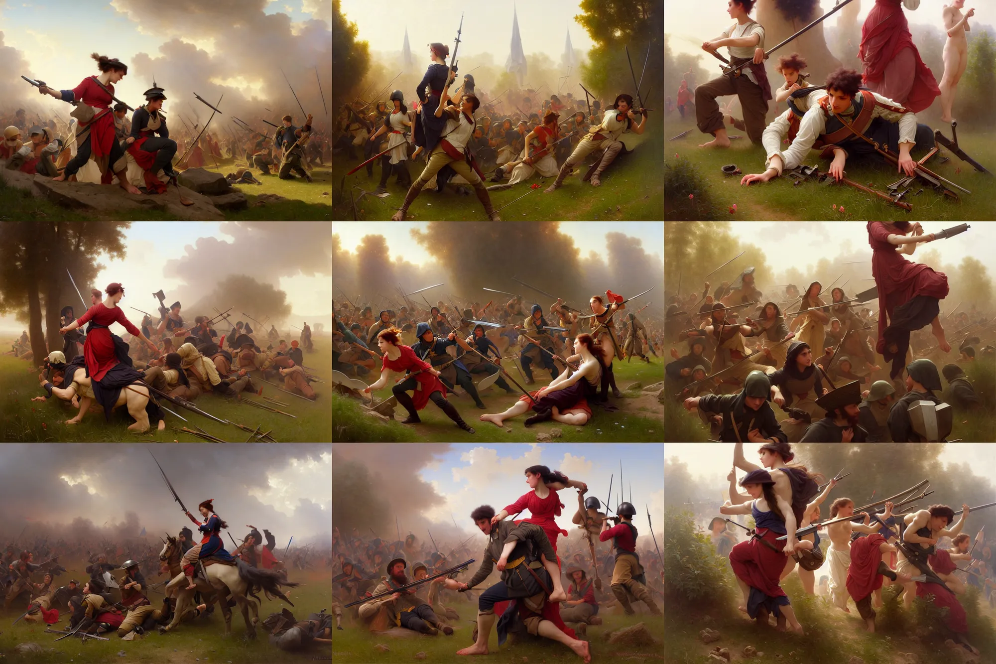 Prompt: depiction of the battle of littlehorn, illustration by mandy jurgens and william adolphe bouguereau, artgerm, 4 k, digital art, surreal, highly detailed, artstation, digital painting, concept art, smooth, sharp focus, illustration by mandy jurgens and william adolphe bouguereau