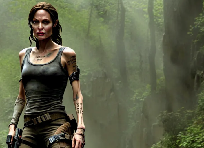 Image similar to film still of!!!! angelina jolie!!! as lara croft in new tomb raider movie, 8 k