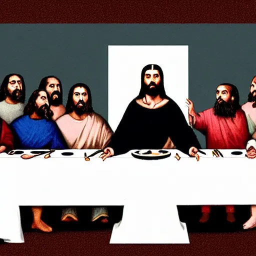 Image similar to kanye west replaces jesus christ in the last supper painting