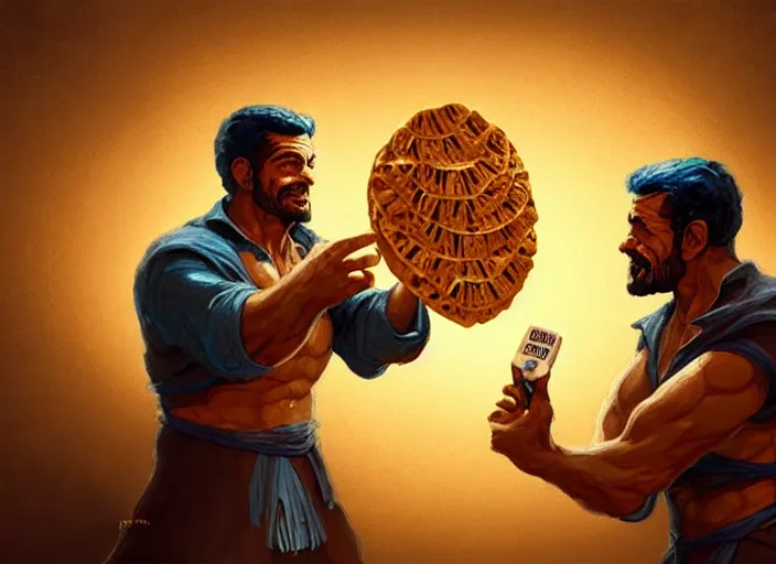 Image similar to two men made out of tortillas, their whole body is a tortilla, they are holding microphones, by marco bucci and frank frazetta, style of magic the gathering, high resolution, fantasy coloring, intricate, digital painting, artstation, smooth, sharp focus