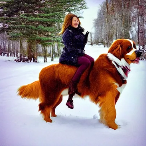 Image similar to girl riding giant Bernese Mountain Dog in the snow, trending on artstation