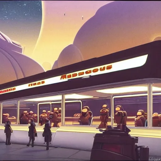 Image similar to intricately detailed ralph mcquarrie concept art of a futuristic mcdonalds with the golden arches displayed. a space station is seen off in the distance with various droids and people walking in the foreground. a trooper is seen holding a brown mcdonalds bag.