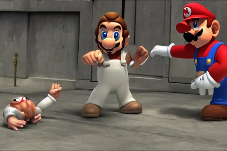 Image similar to a film still from the movie Star Wars of a real life Super Mario fighting