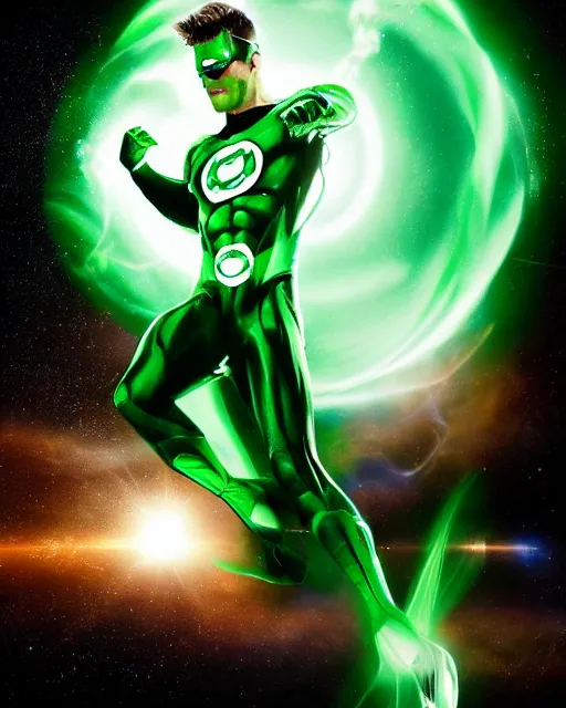 Image similar to photos of actor Christopher Reece as a Green Lantern soaring thru outer space, photogenic, spit-curl in hair, particle effects, photography, studio lighting, cinematic