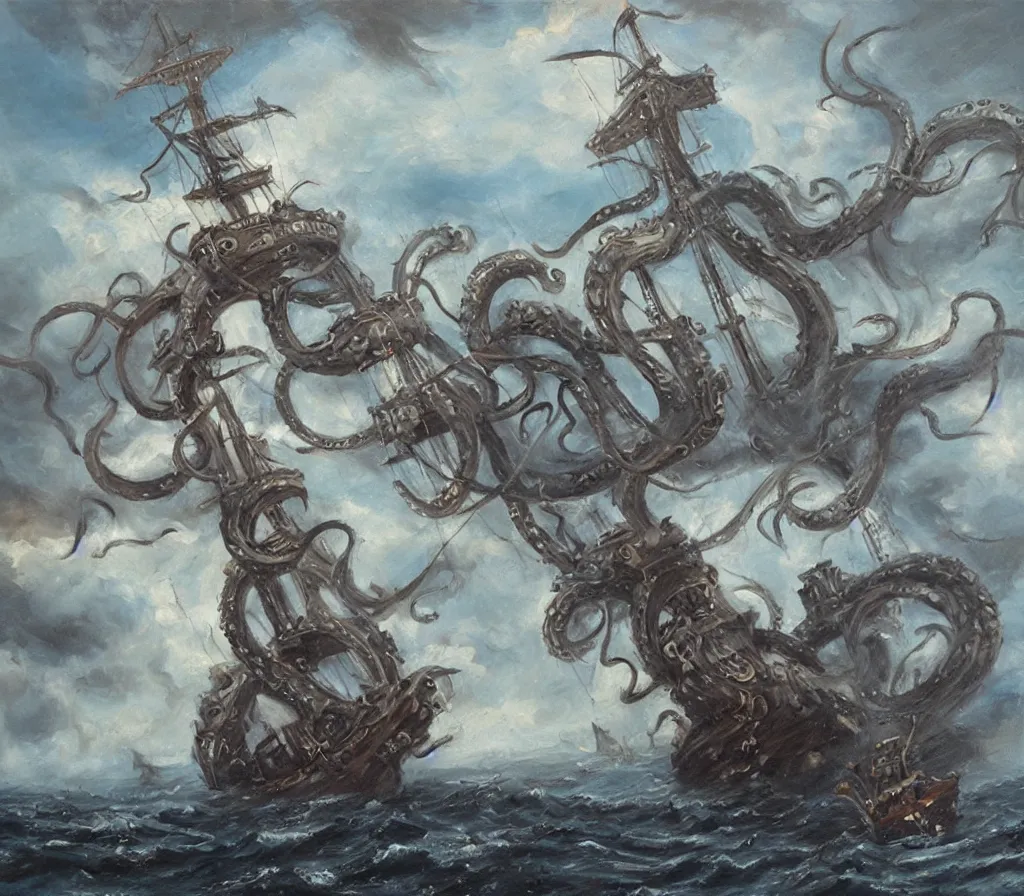 Image similar to oil painting of a kraken attacking a pirate ship