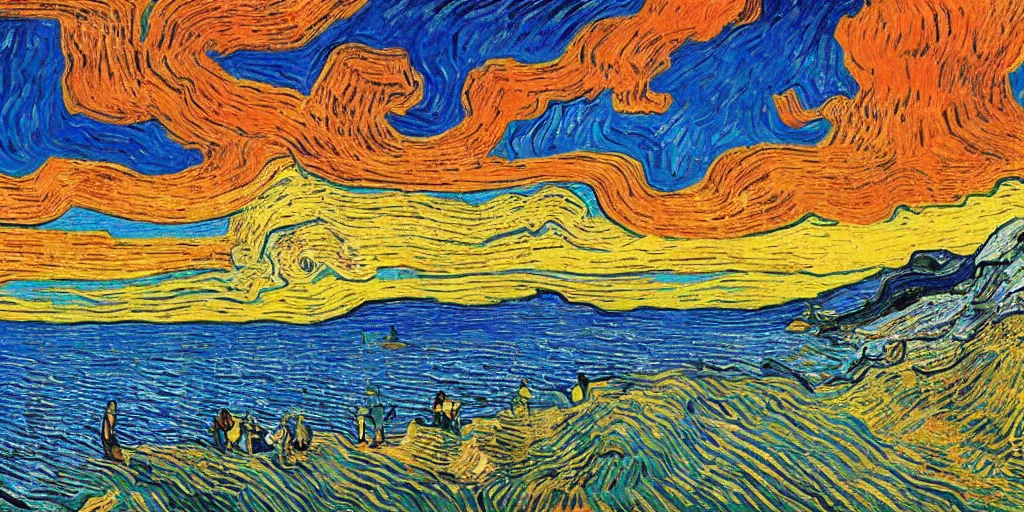 Image similar to a beach between two valley, by Salvador Dali and Van Gogh collaboration, sun set, digital art, high details, drone wide shot