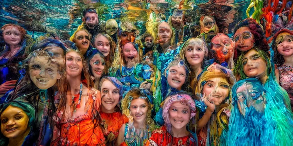 Prompt: detailed colour photographic masterpiece group portrait of people sat down extreme closeup, in the inside of the full crowded beautiful underwater train to atlantis, realistic and lifelike expressions, crowds of people sat down wearing unusual clothes