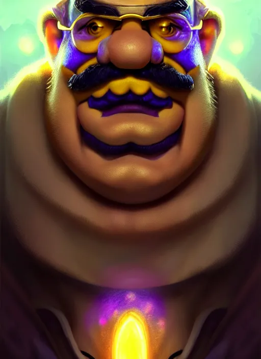 Image similar to portrait of wario from the legend of zelda, intricate, elegant, glowing lights, highly detailed, digital painting, artstation, concept art, sharp focus, illustration, art by wlop, mars ravelo and greg rutkowski