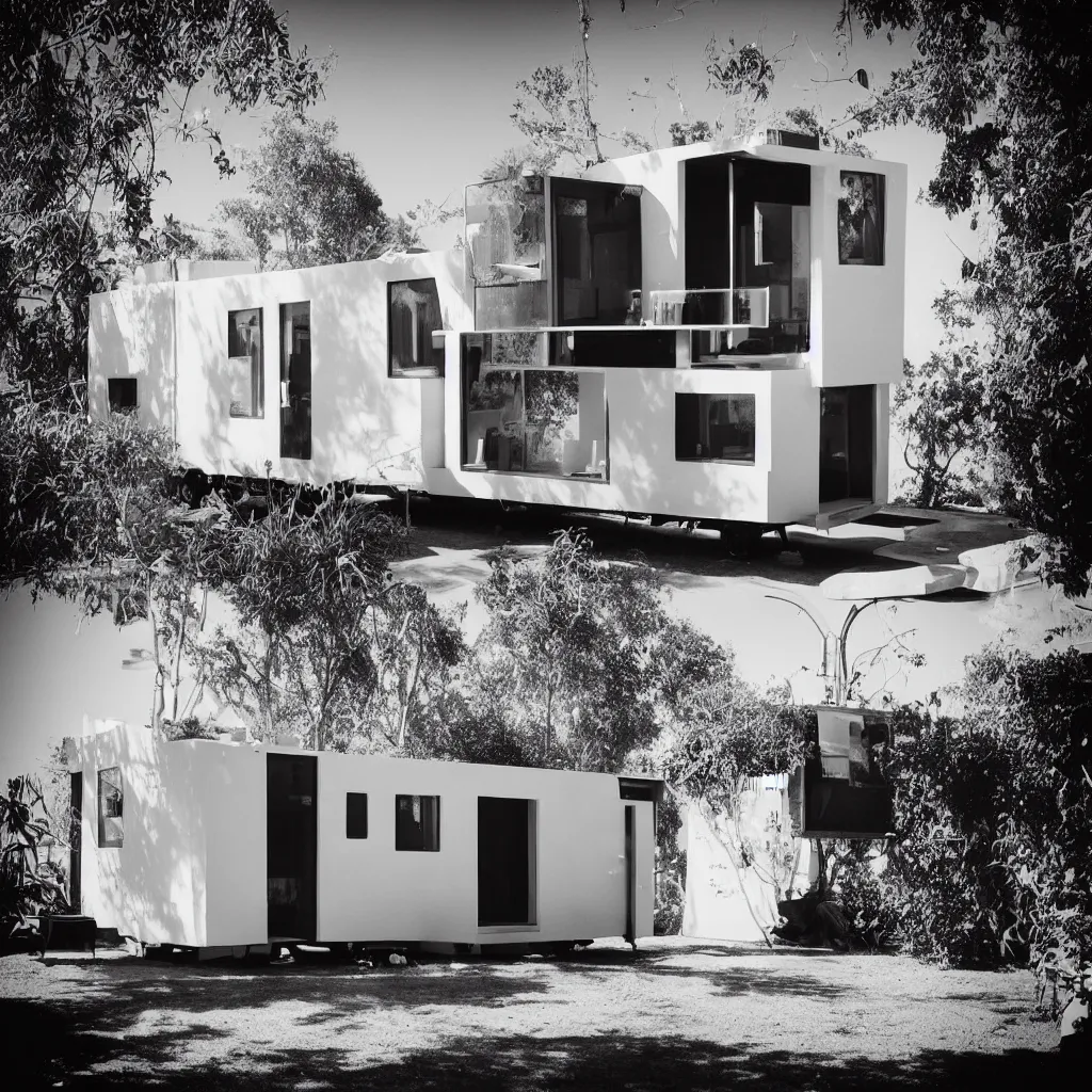 Image similar to “A perfectly centered beautiful black and white 24mm photo of mid-century retro-futuristic tiny house in Los Angeles”
