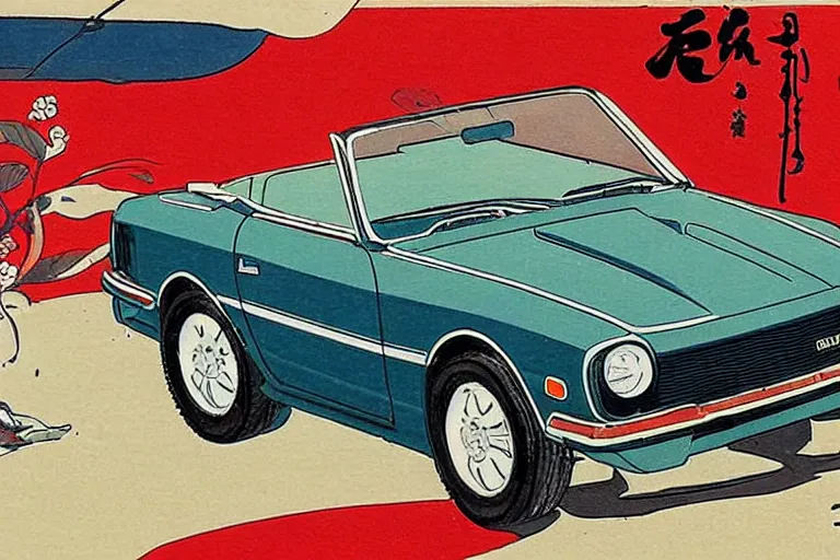 Image similar to ukiyo - e painting of a 1 9 6 9 datsun fairlady roadster