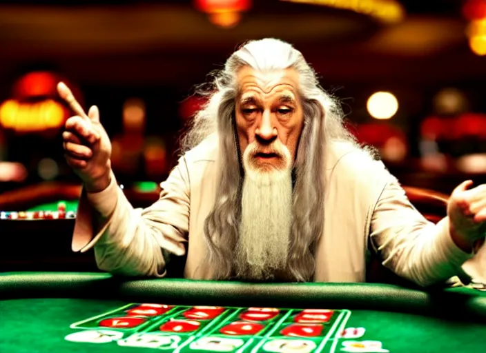 Prompt: film still of gandalf gambling in a casino in new martin scorsese movie, 8 k