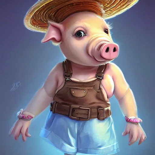 Image similar to cute little anthropomorphic funny female pig wearing shorts, a sunhat, boots and a pale blue shirt!! tiny!! fully clothed!!! small, short, cute and adorable, character art portrait, matte fantasy painting, deviantart artstation, by jason felix by steve argyle by tyler jacobson by peter mohrbacher, cinema