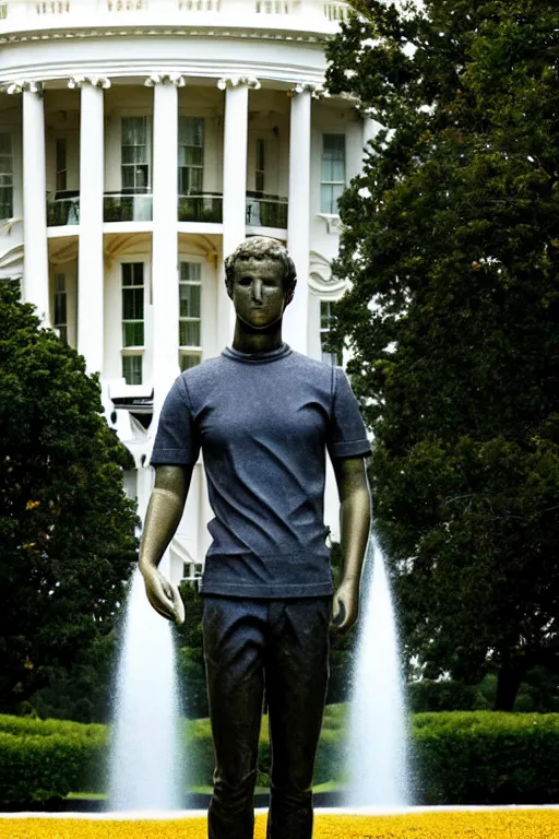 Image similar to A beautiful gold statue of Mark Zuckerberg in front of White House, photo by Steve McCurry, heroic pose, detailed, smooth, smiling, professional photographer