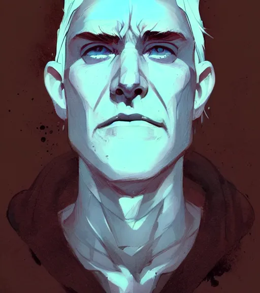 Image similar to portrait of a man white hair, white eyes, face tatooes by atey ghailan, by greg rutkowski, by greg tocchini, by james gilleard, by joe fenton, by kaethe butcher, dynamic lighting, gradient light blue, brown, blonde cream and white color scheme, grunge aesthetic