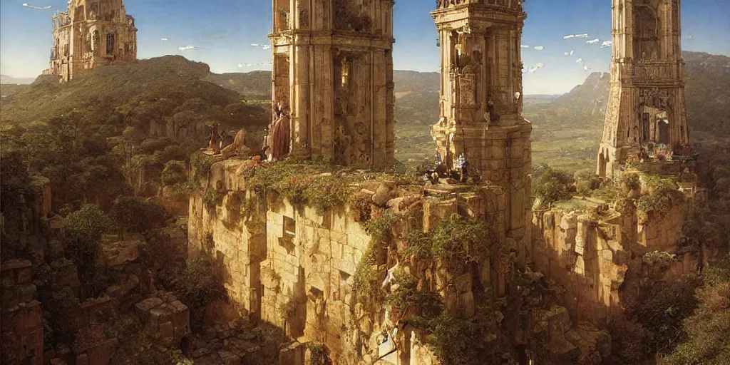 Image similar to tons of people jumping off of a huge biblical tower, golden ratio composition, sense of awe, art by ferdinand knab, greg rutkowski, john william waterhouse, religious, sunlight, highly detailed, intricate details